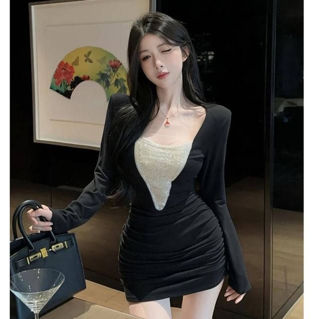 Whoosh-Long Sleeve Square Neck Rhinestone Ruched Panel Mini Sheath Dress