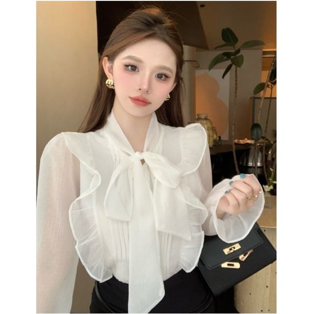 Whoosh-Long Sleeve Tie Neck Plain Ruffle Blouse