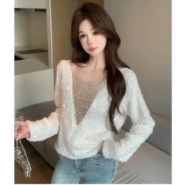Whoosh-Long-Sleeve V-Neck Sequin Chained Knit Top