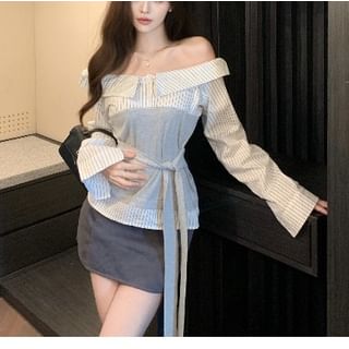 Whoosh-Mock Two-Piece Long-Sleeve Off-Shoulder Striped Panel Sashed Blouse