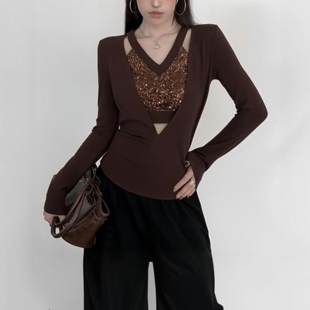 Whoosh-Mock Two-Piece Long-Sleeve V-Neck Sequin Panel Cutout Slim Fit T-Shirt