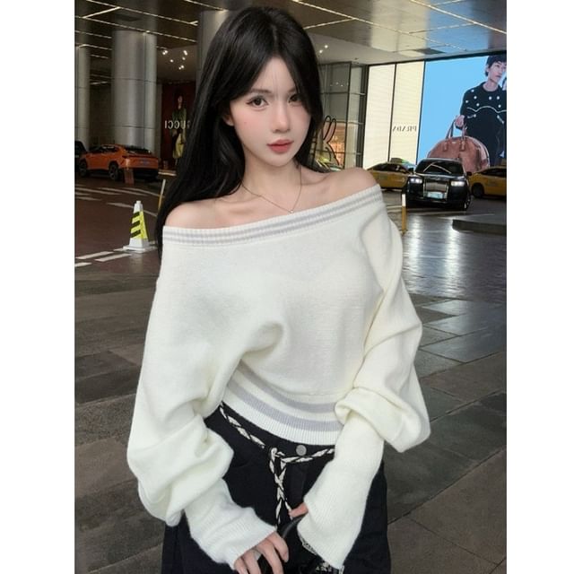 Whoosh-Off-Shoulder Long-Sleeve Striped Sweater