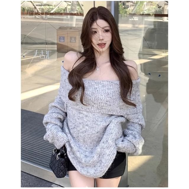 Whoosh-Off-Shoulder Melange Ribbed Sweater