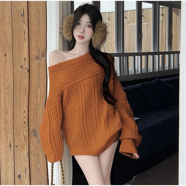 Whoosh-Off Shoulder Plain Cable Knit Sweater