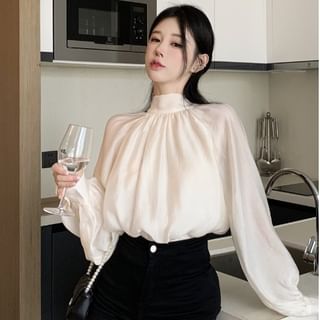 Whoosh-Puff-Sleeve High Neck Plain Blouse