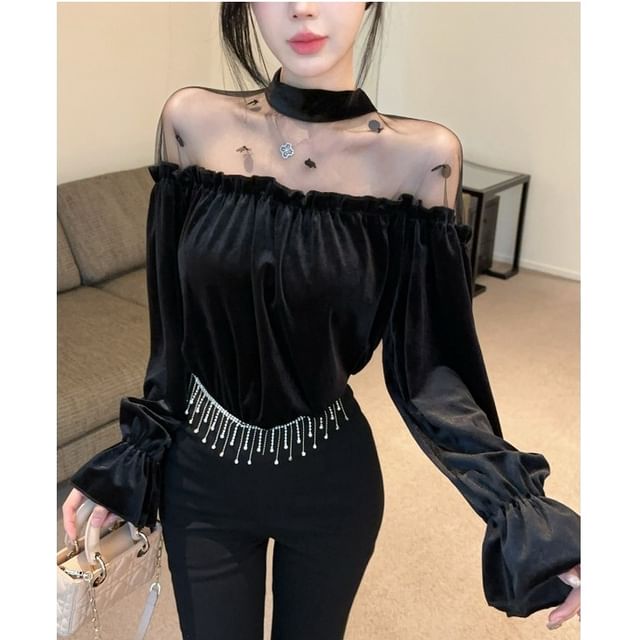 Whoosh-Puff-Sleeve Mesh Panel Sequined Blouse