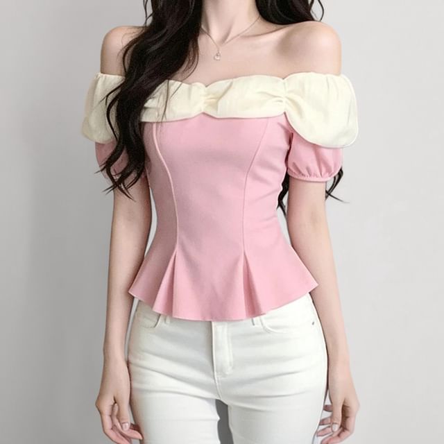 Whoosh-Short Sleeve Off Shoulder Peplum Panel Top