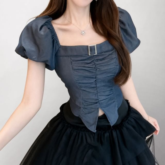 Whoosh-Short-Sleeve Square Neck Plain Ruched Top