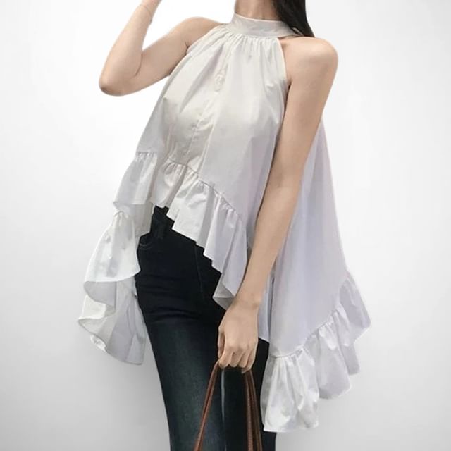 Whoosh-Sleeveless Mock Neck Plain Ruffle Flowy Top