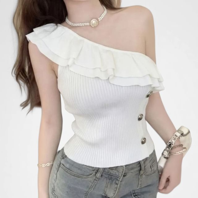 Whoosh-Sleeveless One Shoulder Plain Ruffle Button Ribbed Knit Top