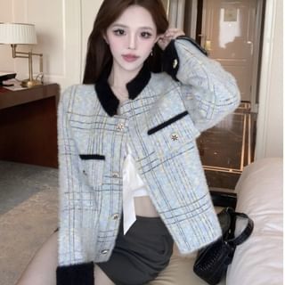 Whoosh-Stand Collar Melange Panel Cardigan