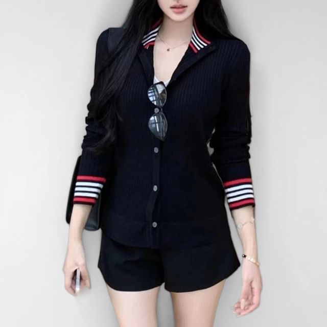 Whoosh-Stand Collar Striped Cardigan