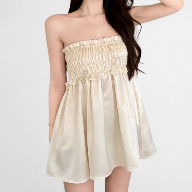 Whoosh-Strapless Plain Ruffle Trim Mini Shift Dress