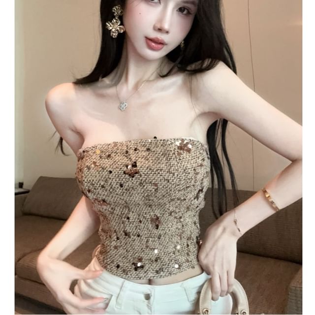 Whoosh-Strapless Sequined Crop Tube Top
