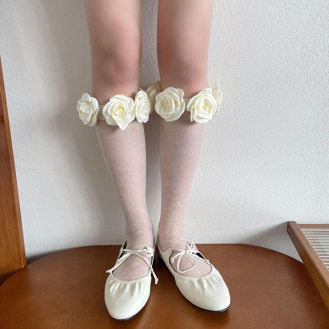 Whychunga-Floral Accent Sheer Long Socks