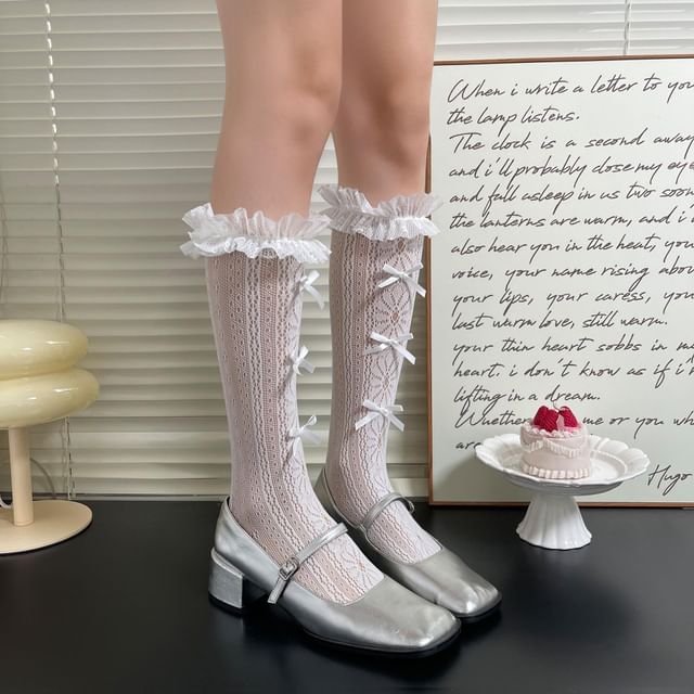 Whychunga-Lace Ruffle Ribbon Accent Long Socks