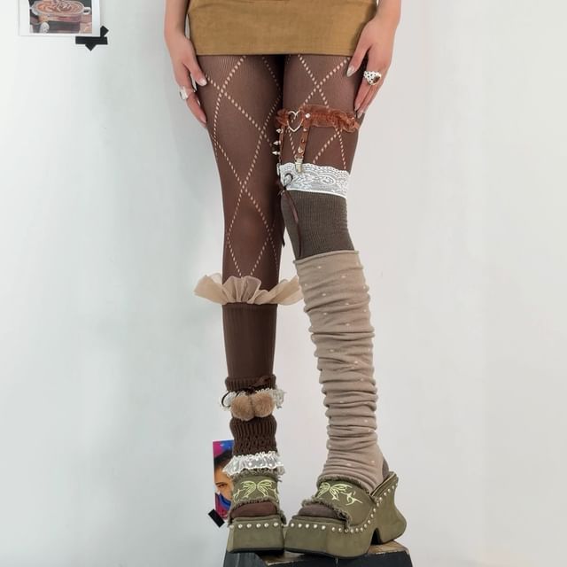 Whychunga-Perforated Tights Ruffle Trim Mid-Calf Socks Lace Panel Over-the-Knee Socks Polka Dot Leg Warmers Pom Pom Leg Warmers Garter Set