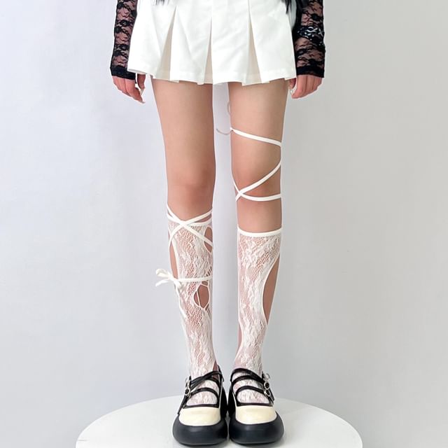 Whychunga-Plain Cutout Asymmetrical Tie-Up Socks