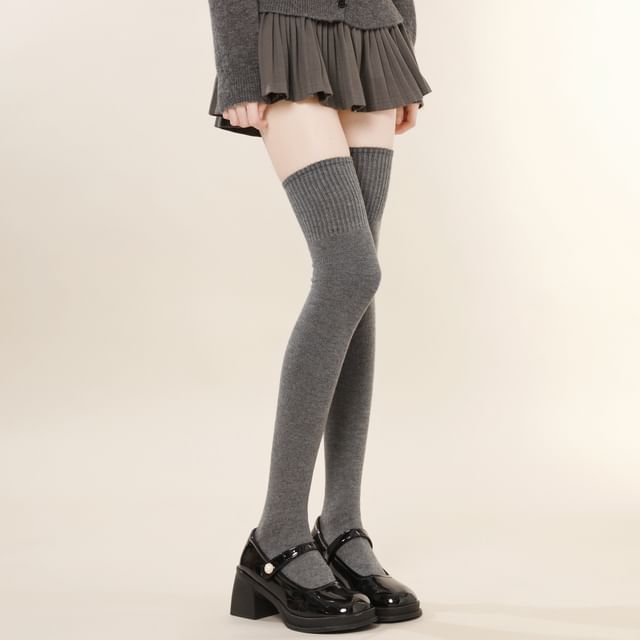 Whychunga-Plain Fleece-Lined Over The Knee Socks Knee High Socks