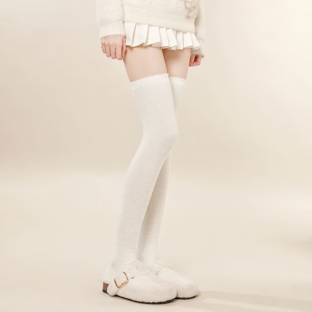 Whychunga-Plain Fluffy Knit Over The Knee Socks Mid Calf Socks Short Socks