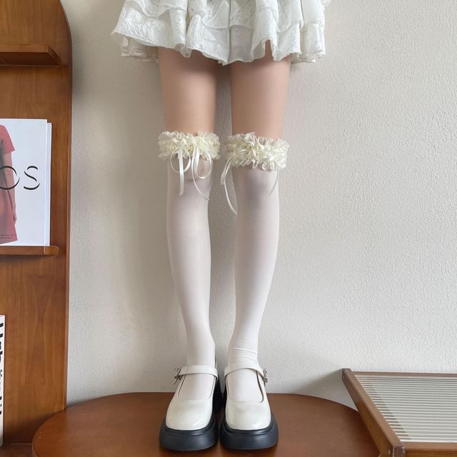 Whychunga-Ribbon Accent Ruffle Over-The-Knee Socks