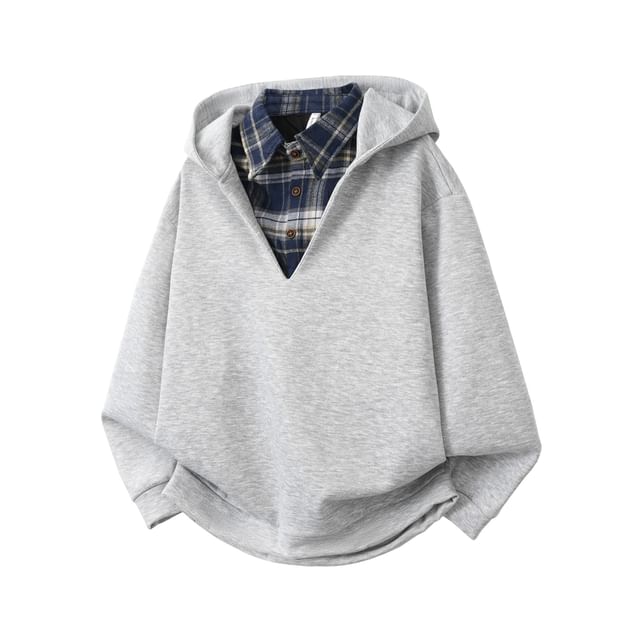 Whyessa-Collared Plaid Mock Two Piece Hoodie