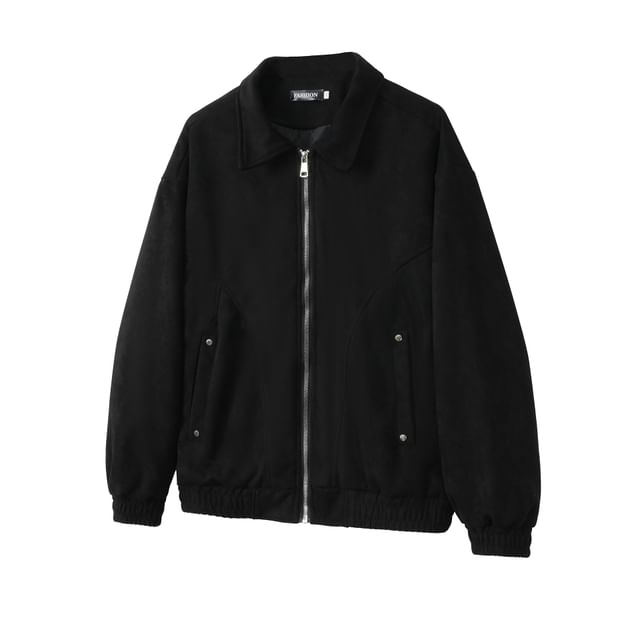 Whyessa-Collared Plain Faux Suede Zip Jacket