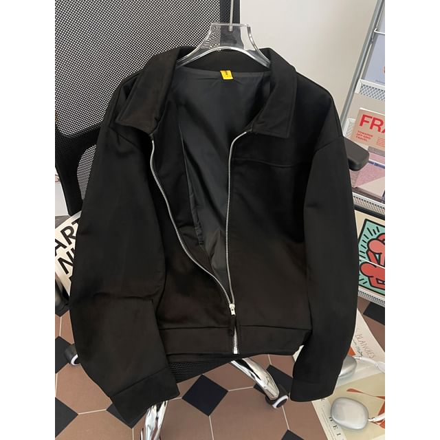 Whyessa-Collared Plain Zip-Up Jacket