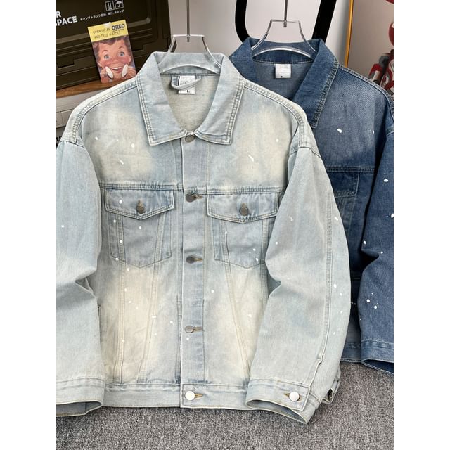 Whyessa-Collared Washed Denim Button Up Jacket