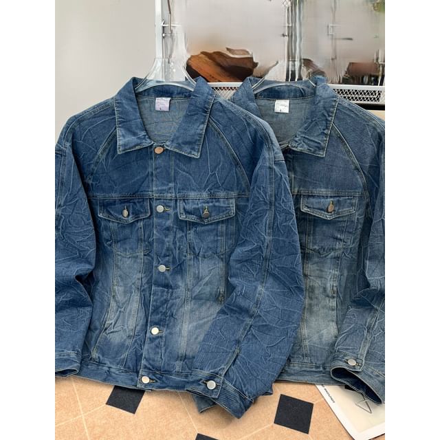 Whyessa-Collared Washed Denim Button Up Jacket