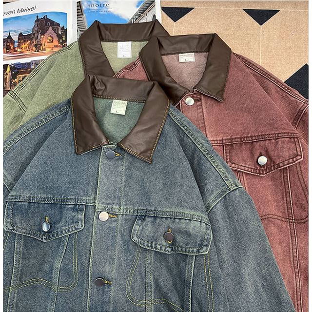 Whyessa-Collared Washed Denim Button Up Jacket