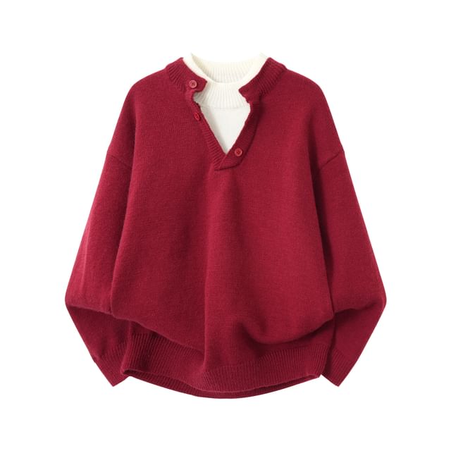 Whyessa-Crew Neck Drop Shoulder Mock Two Piece Oversized Sweater