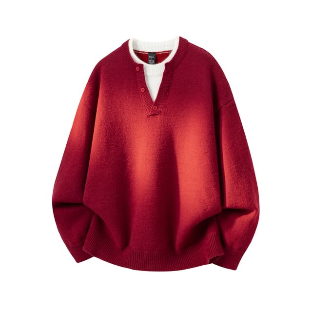 Whyessa-Crew Neck Drop Shoulder Mock Two Piece Oversized Sweater