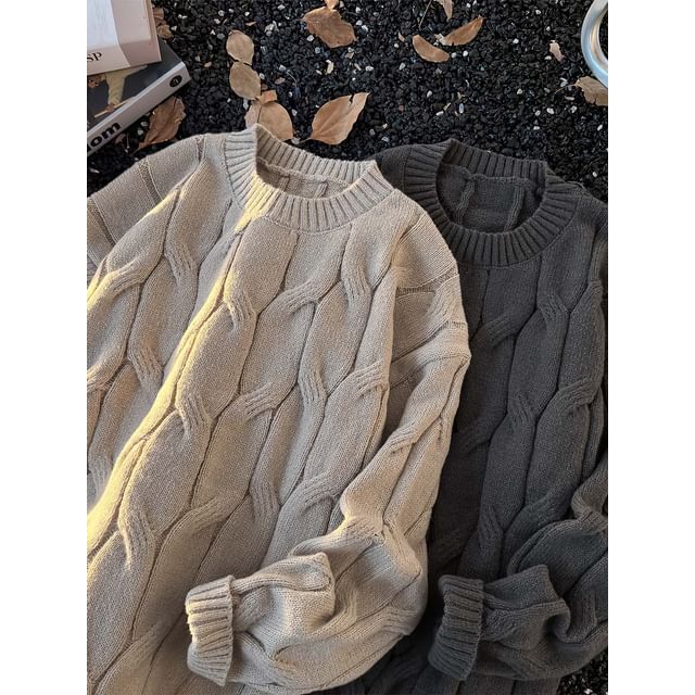 Whyessa-Crewneck Cable Knit Plain Sweater