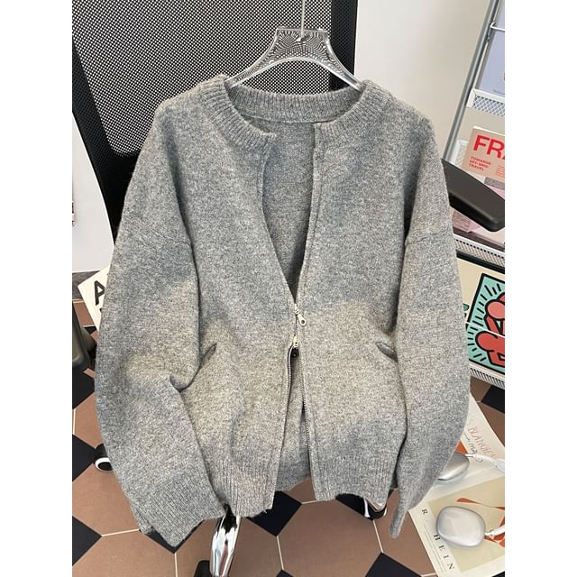 Whyessa-Crewneck Plain Zip-Up Cardigan