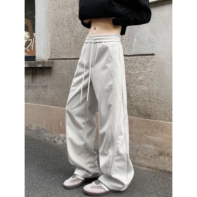Whyessa-Drawstring Waist Plain Barrel Leg Baggy Sweatpants
