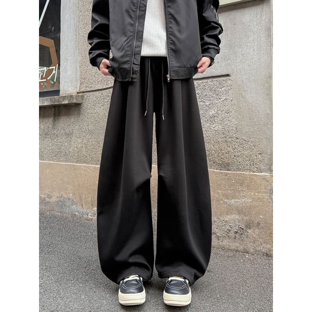 Whyessa-Drawstring Waist Plain Barrel Leg Pants