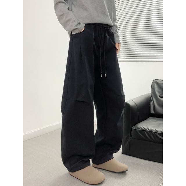 Whyessa-Drawstring Waist Plain Fleece-Lined Barrel Leg Pants