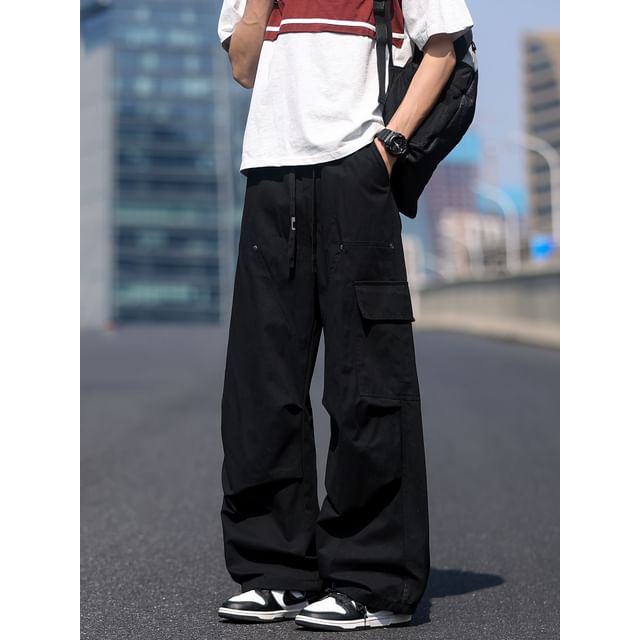 Whyessa-Drawstring Waist Plain Wide Leg Cargo Pants