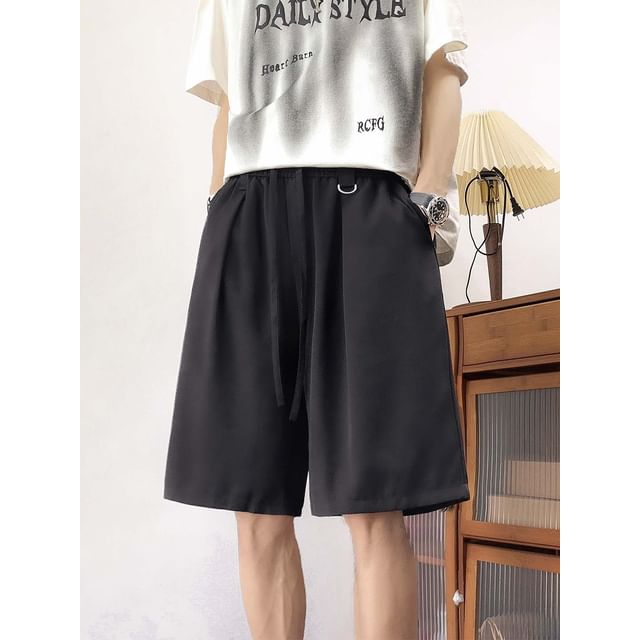 Whyessa-Drawstring Waist Plain Wide Leg Shorts