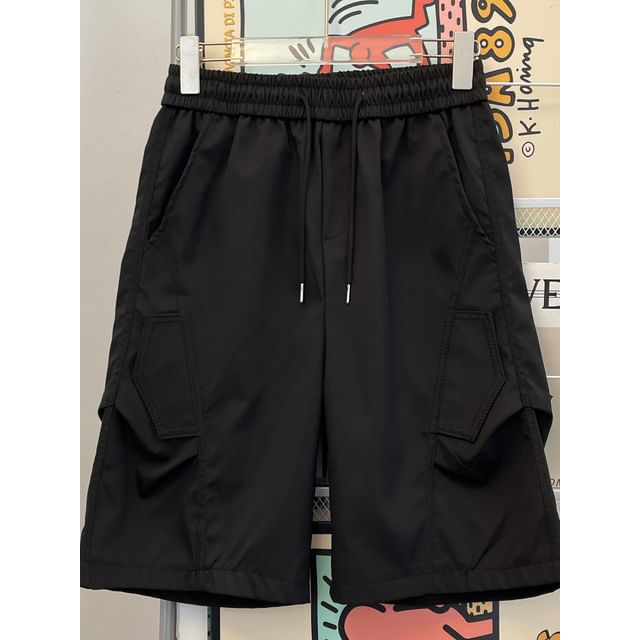 Whyessa-Drawstring Waist Plain Wide Leg Shorts