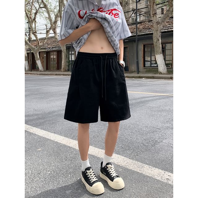 Whyessa-Drawstring Waist Plain Wide Leg Shorts