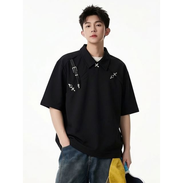 Whyessa-Elbow-Sleeve Collared Plain Buckled T-Shirt