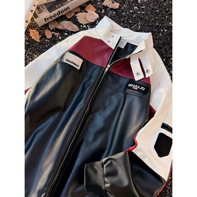 Whyessa-Faux Leather Color Block Zip-Up Jacket