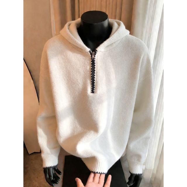 Whyessa-Hooded Contrast Trim Half Zip Sweater