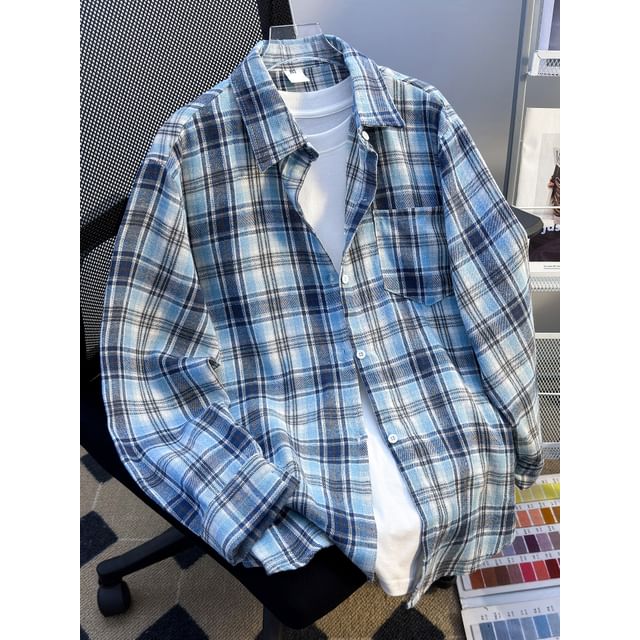 Whyessa-Long-Sleeve Collared Plaid Button Up Shirt