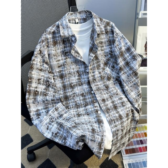 Whyessa-Long-Sleeve Collared Plaid Washed Button Up Shirt