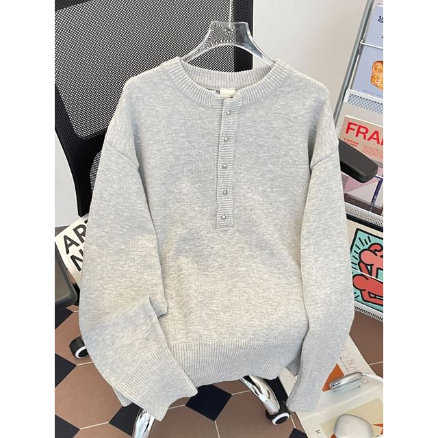 Whyessa-Long-Sleeve Henley Plain Knit Top