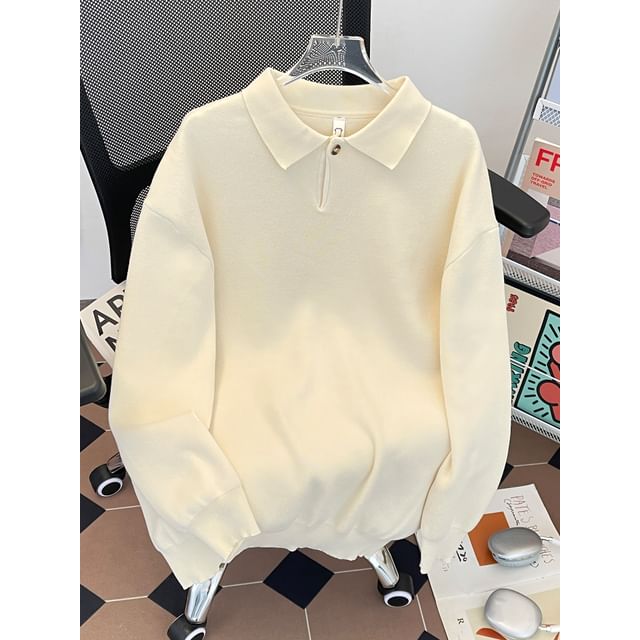 Whyessa-Long-Sleeve Plain Knit Polo Top
