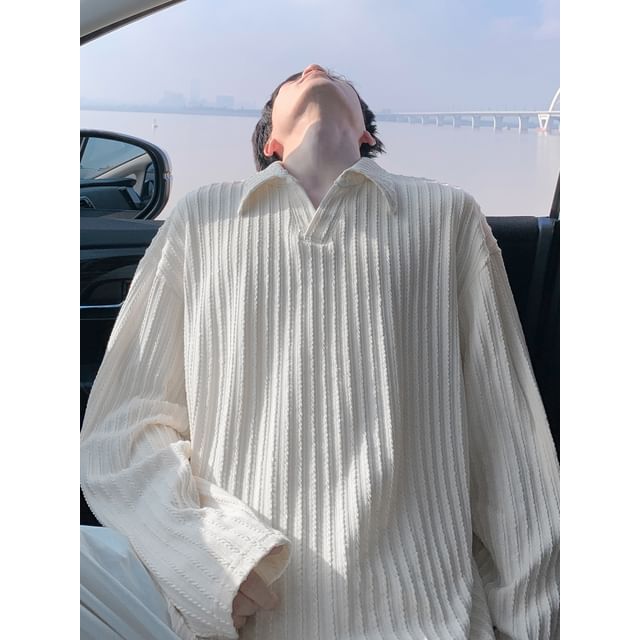 Whyessa-Long-Sleeve Ribbed Plain Polo Top
